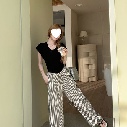 Casual Striped Drapey Women's Pants Versatile Wide-Leg Pants Autumn Trendy Design Floor-Length Pants