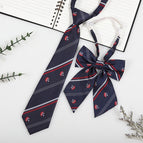 Red and white stripes on blue background (tie + collar flower)