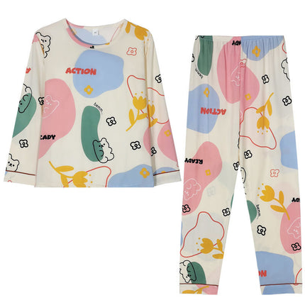 Spring and Autumn Imitation Cotton Pajamas Women's Long-sleeved suit Summer Round Neck Less Women's Home Clothes Cute Cartoon Outer Wear