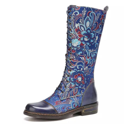 2025 Export New Style Side Zipper Boots Autumn and Winter Retro Flats Embroidered Boots Embroidered Low Heel Knight Boots High Tube Women