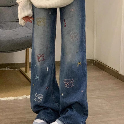 Autumn American Cartoon Embroidered Straight Jeans for Women, Retro Design, High-Waisted, Slimming, Floor-Length Wide-Leg Pants, Trendy
