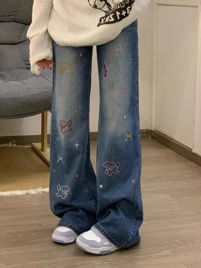 Autumn American Cartoon Embroidered Straight Jeans for Women, Retro Design, High-Waisted, Slimming, Floor-Length Wide-Leg Pants, Trendy