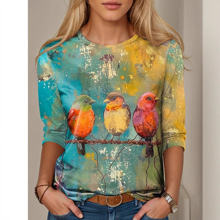 Cross-Border European and American 2025 New Autum Amazon Long-Sleeved Round Neck Casual Fashion Printed Pullover Tops for Women