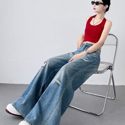 Spring New Retro Washed Ripped Denim Wide-Leg Pants for Women, Loose Slimming Straight-Leg Casual Pants, Floor-Length Pants