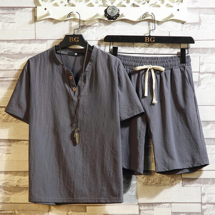 Cotton and Linen Short-Sleeved Shorts Suit for Men, Chinese Style Loose Large Size Collared Shirt, Summer Trendy Casual Sports Two-Piece Set Tang
