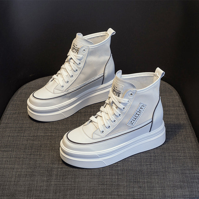 2025 Spring New Women's Mesh High-Top White Shoes with Hidden Heel, Korean Style Casual Platform Shoes