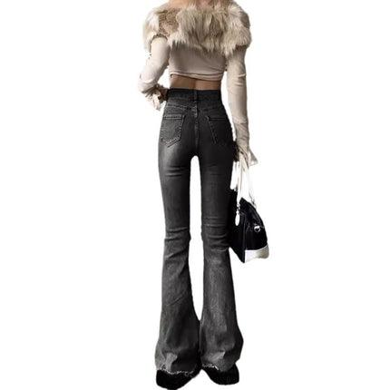 Black Grey Micro-Lazar Jeans Women's Fashion All-match New High Waist Slim-looking Fur-edge Design Sense Horseshoe Trumpet Pants