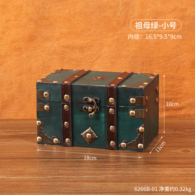 European Retro Wooden Storage Box with Lock Chinese Antique Emerald Square Jewelry Box Photography Props Treasure Box