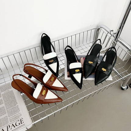 miu gold coin pointed cat heel sandals women's 2022 catwalk closed toe low mouth high heels French retro single shoes