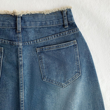 Pear-shaped figure recommend Korean style new retro frayed Denim skirt women's high waist mid-length A- line skirt small