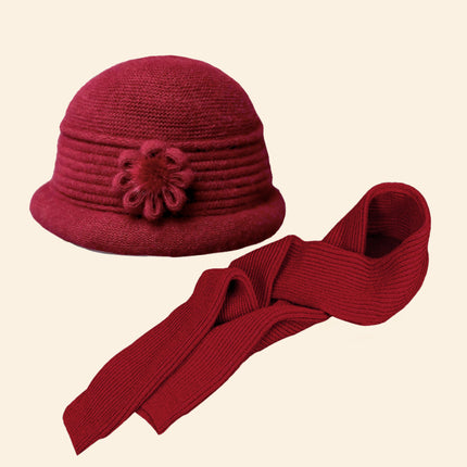 Middle-aged and elderly autumn and winter mother's hat scarf set fleece-lined thickened warm wool knitted hat women's basin hat winter