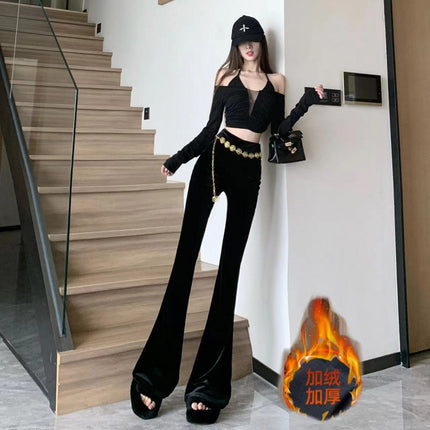 Cross-border high-grade velvet micro-pants women's 2024 autumn and winter new fashion chain high waist slim long drooping pants