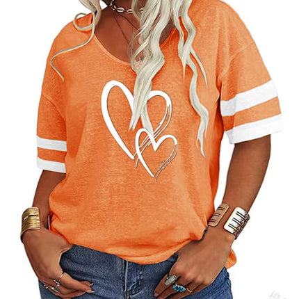 Europe and the United States cross-border 2025 spring and summer TEMU foreign trade women's V-neck loose cross love printing color matching short sleeve T-shirt women