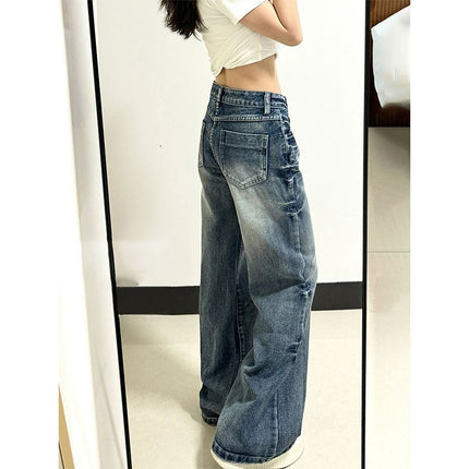 High-Waisted Slimming Jeans for Women 2025, Petite Floor-Length Wide-Leg Pants, Retro Blue