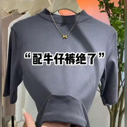 Half Turtleneck Mid-Sleeve T-Shirt for Women Spring & Fall New Suit with Bottoming Shirt Slimming Look Elastic Versatile Three-Quarter Sleeve Top