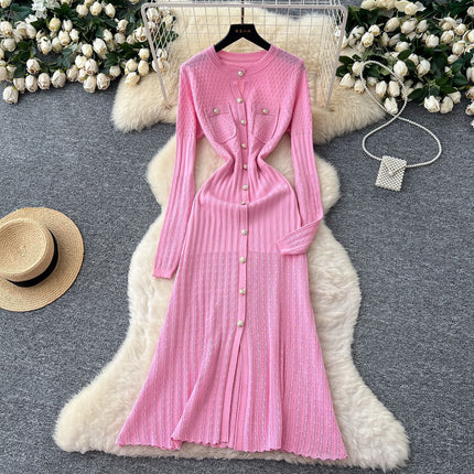 High-Quality 2025 Autumn Chanel-Style Private Wear for Socialites, Women's Knit Slit Dress with Round Neck and Bodycon Skirt