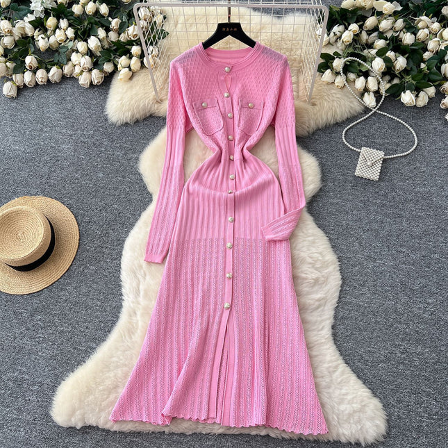 High-Quality 2025 Autumn Chanel-Style Private Wear for Socialites, Women's Knit Slit Dress with Round Neck and Bodycon Skirt
