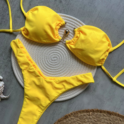 2025 Yellow Metal Accessories New Pure Color Bikini Sexy Backless Split Swimsuit Nylon Bikini Ready Stock