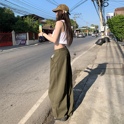 American Olive Green Scimitar Wide-Leg Jeans for Women 2025 Spring and Summer New High-Waisted Loose Slimming Look Straight Banana Pants