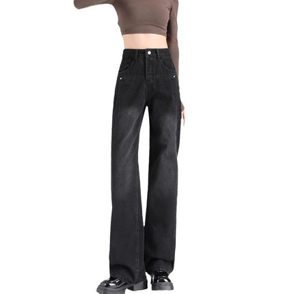 Black Grey Narrow Straight Jeans Women's Autumn Fashion All-match New High Waist Slimming Wide Leg Casual Long Pants