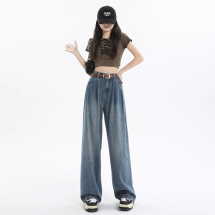 Brown Wide Leg Jeans Women's Trendy All-match New Maillard High Waist Loose Slimming Straight Long Pants