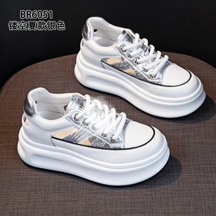 Thick-Soled Genuine Leather Hollow-Out Sneakers for Women, 2026 Summer New Arrivals, Height-Increasing Mesh Breathable Sports Casual Sandals