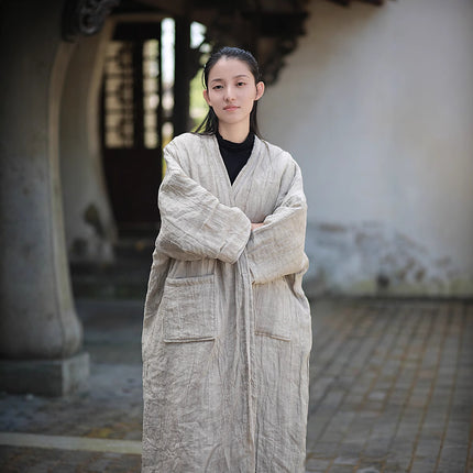 Cotton and Linen Women's Clothing, Retro Ramie Tie-Dyed Cotton Coat, Cool Zen Style, Versatile Warm Lace-Up Cotton Robe