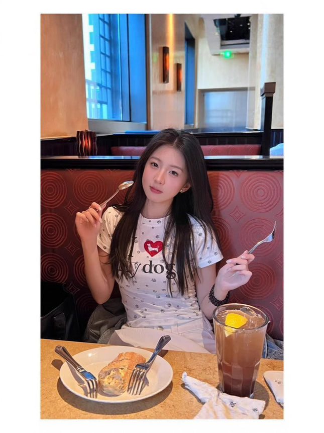 American Retro Shirt Women's Summer Hot Girl Short Hot Girl Dog Paw Short-Sleeved Women's Summer Top