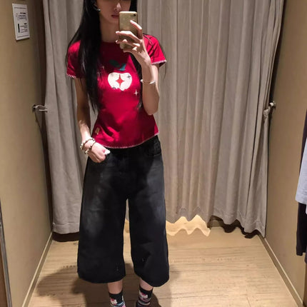 Apple Embroidered Right Shoulder Short-Sleeved Burgundy T-Shirt for Women Summer 2025 New Slim Fit Sweet Sexy Lace American Top