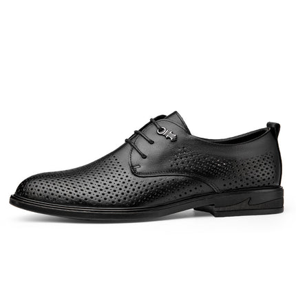 Men's Leather Shoes Summer New Business Casual Dress Shoes Men's Perforated Cowhide Hollow Breathable Black Leather Shoes for Men