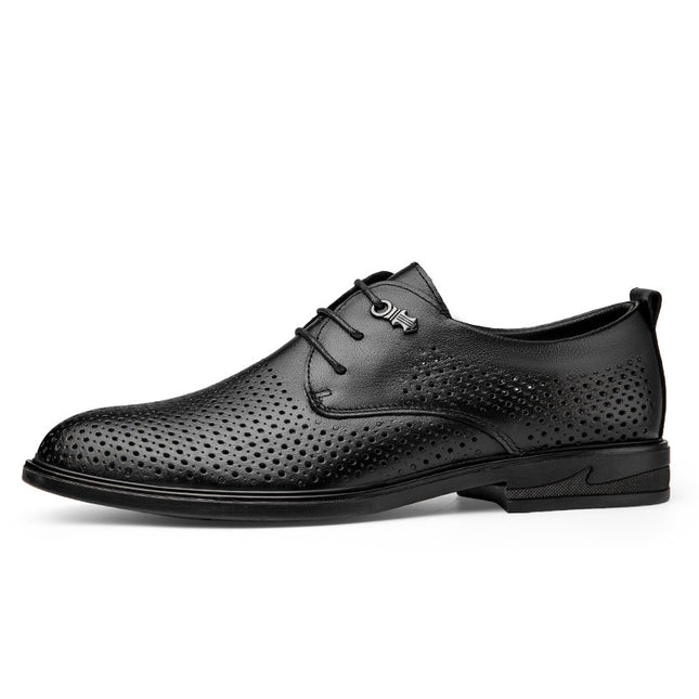 Men's Leather Shoes Summer New Business Casual Dress Shoes Men's Perforated Cowhide Hollow Breathable Black Leather Shoes for Men