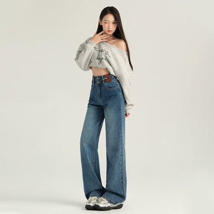 Straight All-match Slim Look Wide Leg Jeans Women's Spring 2025 Leg Long plus size Loose Mop Pants Vintage Blue