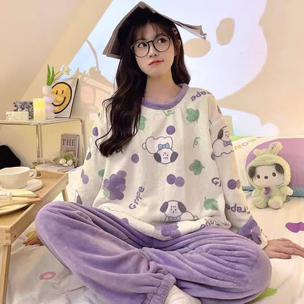 2024 New Autumn and Winter Coral Velvet Cartoon Stripesd Women's Pajamas Thickeneded and Wearable Home Wear Set