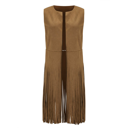 2025 Women's European and American Style New Suede Tassel Vest Jacket Popular Sleeveless Mid-Length Vest Outer Wear