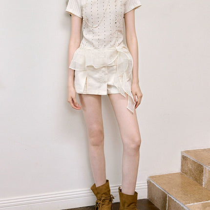Today's Artist-Designed Original Beige Polka Dot New-Style Bohemian Short-Sleeve Top with Lace and Ribbon