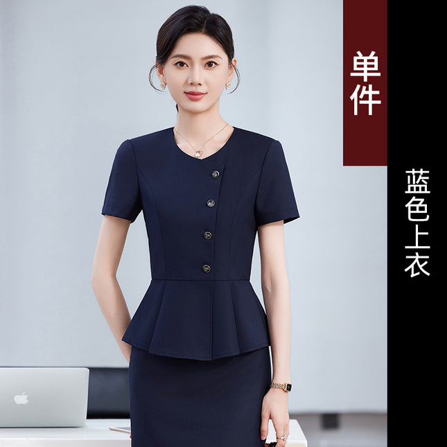 Short-Sleeved Business Suit Suit for Women Summer Temperament Hotel Front Desk Reception Beauty Salon Gold Shop Work Clothes Large Size