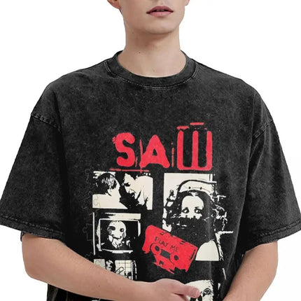 Washed t Shirt Vintage Saw Jigsaw Game Hip Hop Vintage T-Shi