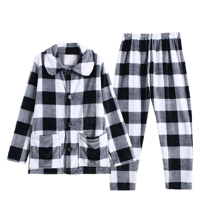 Autumn and winter plaid flannel pajamas set padded warm coral Plaid men's and women's home clothes wholesale