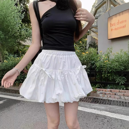 Pleated Bow Flower Bud Skirt Women's Summer Gray Niche Waist Slimming Lantern Anti-Exposure Skirt