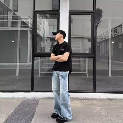 American Retro Crackle Design Washed Light Blue Jeans Men's Casual Loose Versatile Stylish Straight Pants