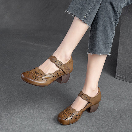 Shanghai Jie suddenly new first layer cowhide round toe brushed Velcro small low heel hole shoes retro style casual women's shoes