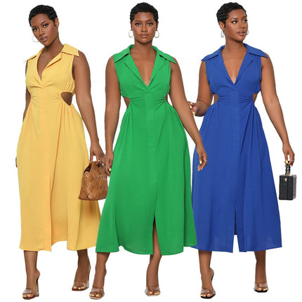 9791 Cross-border Europe and America Amazon Semi-open Collar Leisure Hollow Waist Commuter Split dress