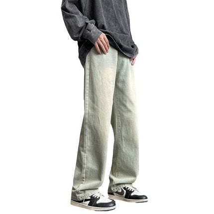 24 Winter New Men's Mop Jeans Solid Color All-match Retro Hong Kong Style Trendy Loose Straight Pants Overalls