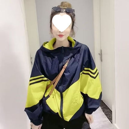 Contrast Color Splicing Hooded Sun Protection Clothing Women's Short 2025 Summer New Loose Long-Sleeved Sun Protection Clothing Thin Jacket