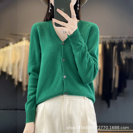V-Neck Wool Knitwear for Women, Ready-Made Thin Autumn and Winter Work Clothing Slimming Look Elegant with 100% Wool Cardigan