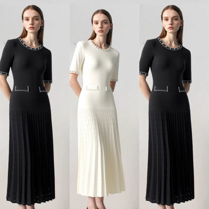 Cross-Border European and American Women's Clothing Round Neck Heavy Beaded Knitted Short-Sleeved Long Skirt Elegant Waist Pleated Skirt Slim Dress