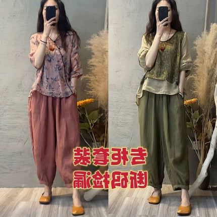 Trendy Summer New Women's Cotton and Linen Set: V-Neck Top to Cover Belly and Slimming Harem Pants Two-Piece Set
