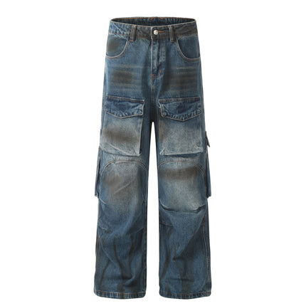 D1616 American Retro High Street Fashion Heavy-Duty Multi-Pocket Color-Spray Design Loose Men's Denim Jeans