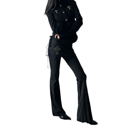 American Style Spice Girl Ancient Early Gothic Cross Culottes Women's Spring Fake Two-piece Lace Stitching Micro Horn Mop Pants