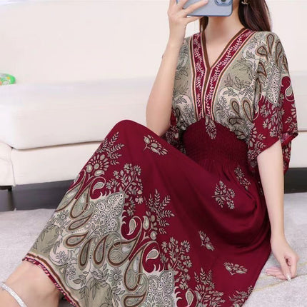 Cross-border ethnic style V-neck cotton silk short-sleeved beach skirt Thailand travel dress summer printed holiday floral skirt